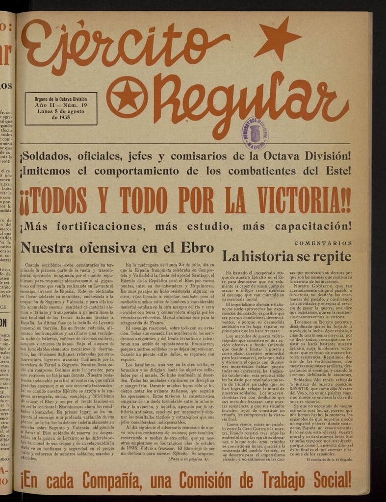 Miniatura de Ejército Regular: Órgano de la 8ª División del 8 de agosto de 1938
