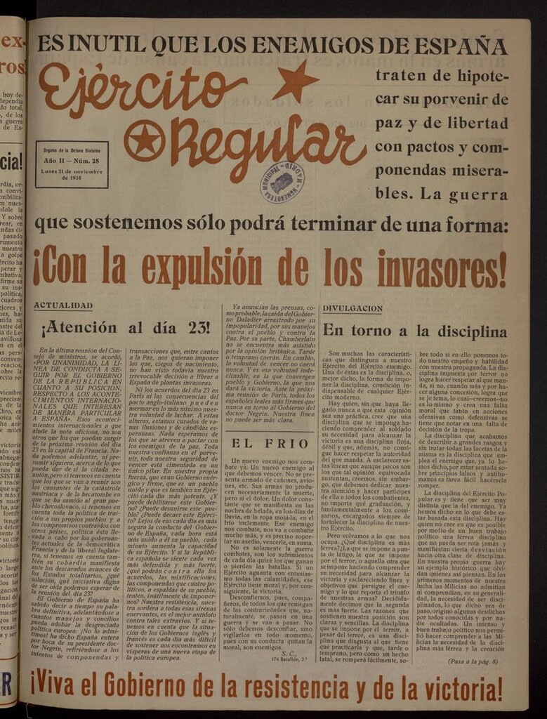 Miniatura de Ejército Regular: Órgano de la 8ª División del 21 de noviembre de 1938
