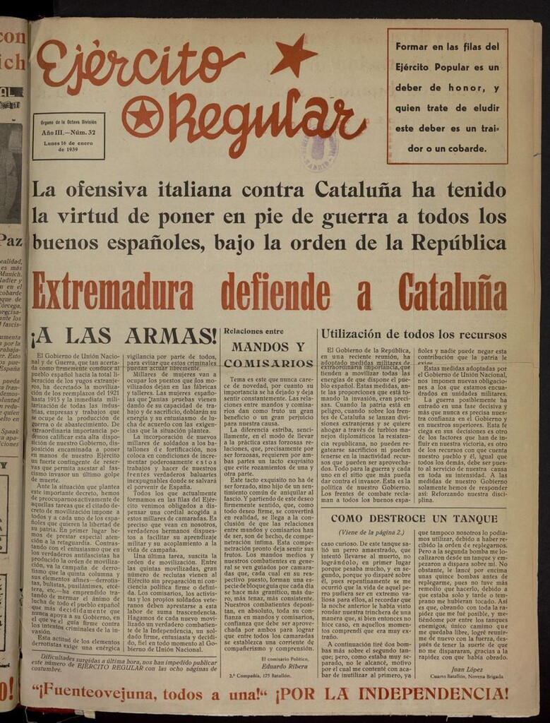 Miniatura de Ejército Regular: Órgano de la 8ª División del 16 de enero de 1939