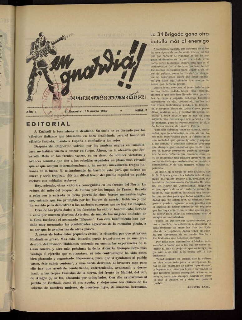 Miniatura de ¡¡En guardia!!: Boletín de la 34 Brigada, 3ª División del 10 de mayo de 1937
