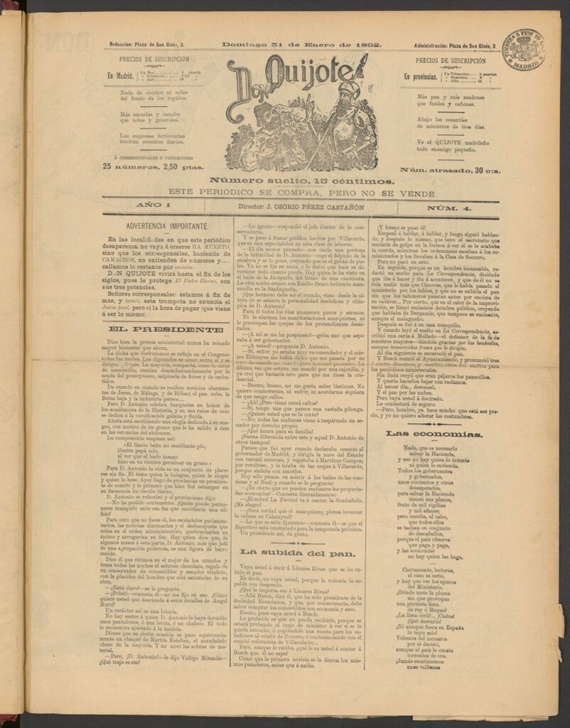 Miniatura de Don Quijote (Madrid) del 31 de enero de 1892
