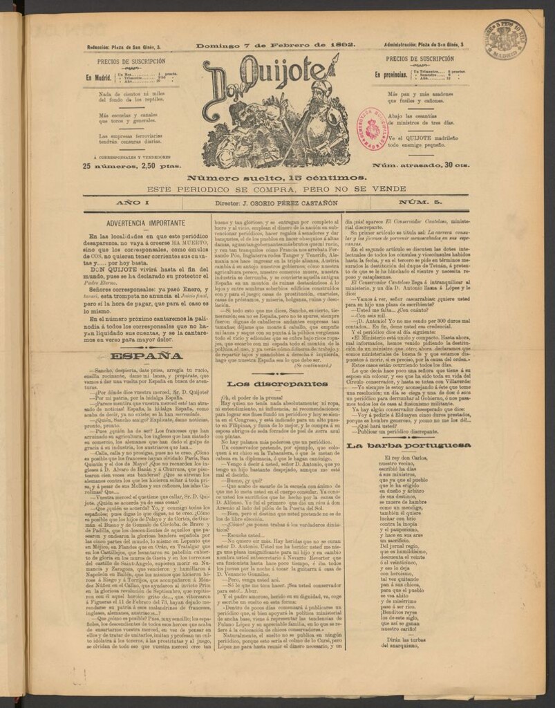 Miniatura de Don Quijote (Madrid) del 7 de febrero de 1892