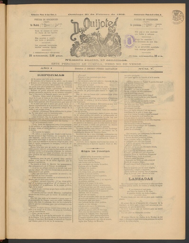Miniatura de Don Quijote (Madrid) del 20 de febrero de 1892