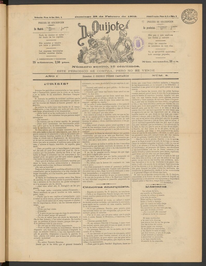 Miniatura de Don Quijote (Madrid) del 28 de febrero de 1892