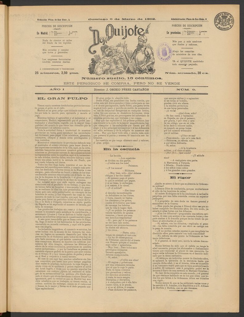 Miniatura de Don Quijote (Madrid) del 6 de marzo de 1892