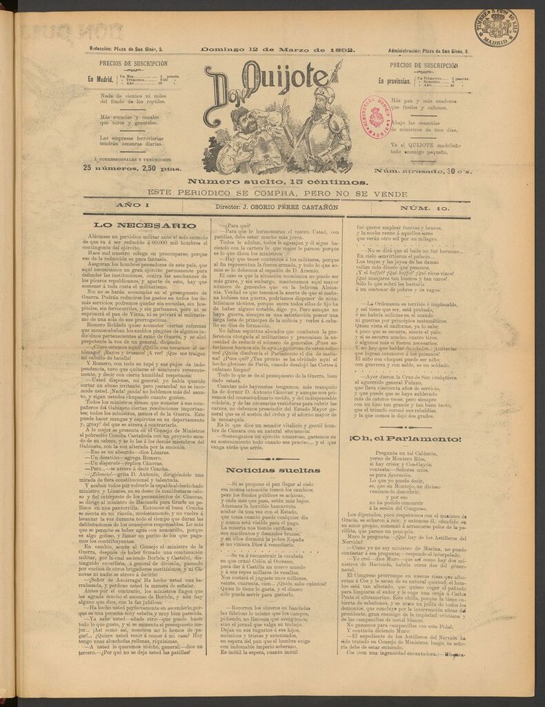 Miniatura de Don Quijote (Madrid) del 12 de marzo de 1892