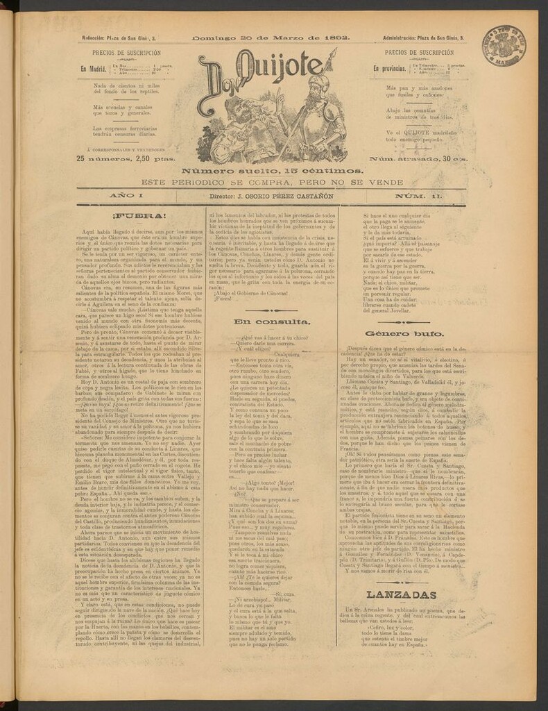 Miniatura de Don Quijote (Madrid) del 20 de marzo de 1892