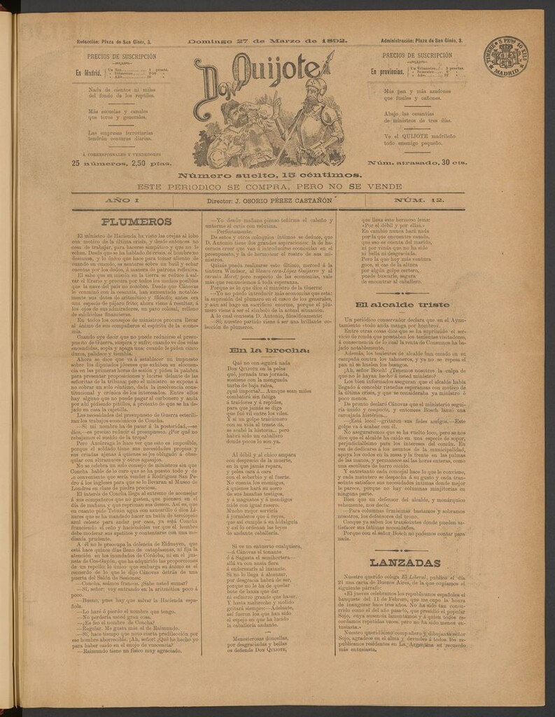 Miniatura de Don Quijote (Madrid) del 27 de marzo de 1892