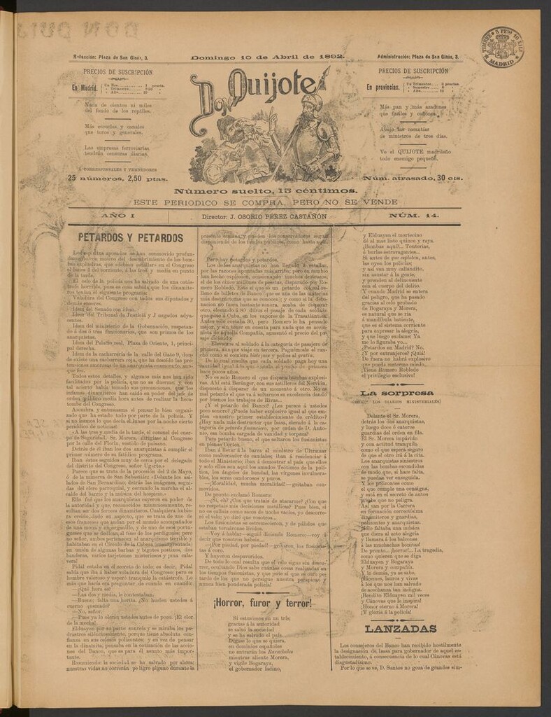Miniatura de Don Quijote (Madrid) del 10 de abril de 1892