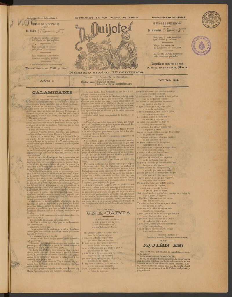 Miniatura de Don Quijote (Madrid) del 19 de junio de 1892