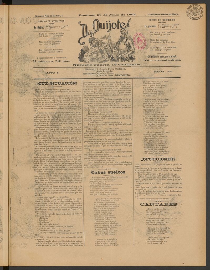 Miniatura de Don Quijote (Madrid) del 26 de junio de 1892