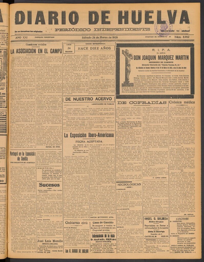 Miniatura de Diario de Huelva : periódico independiente del 24 de marzo de 1928