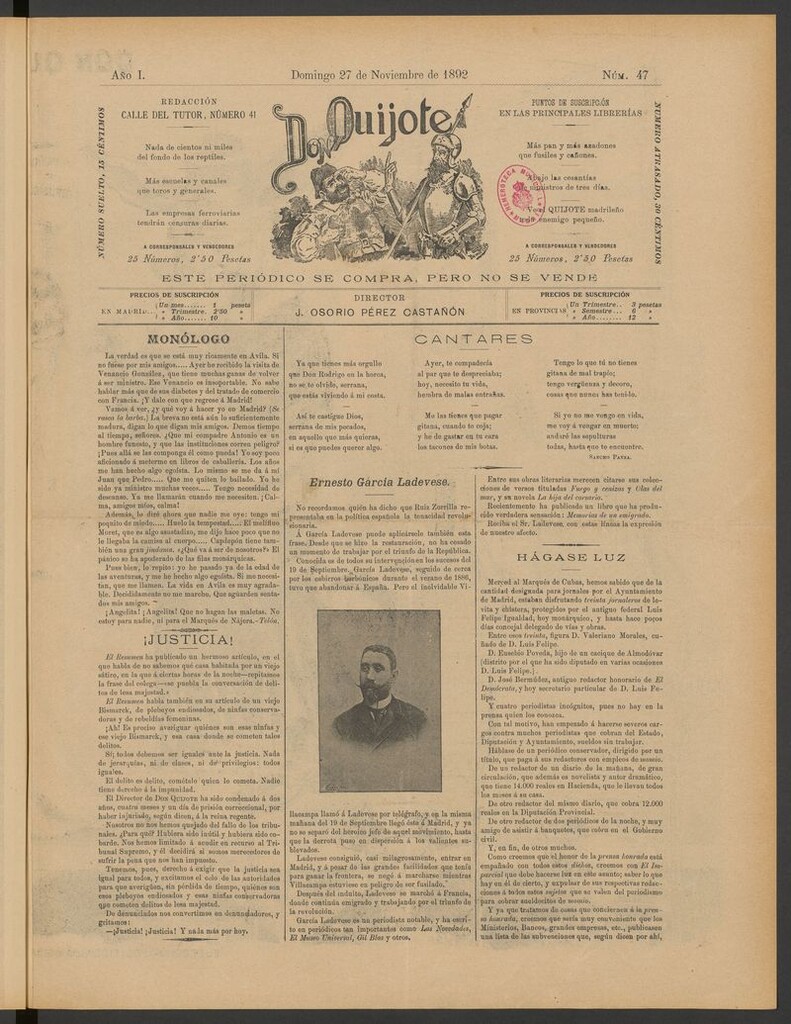 Miniatura de Don Quijote (Madrid) del 27 de noviembre de 1892