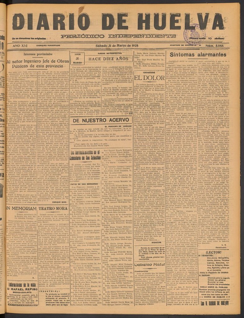 Miniatura de Diario de Huelva : periódico independiente del 31 de marzo de 1928