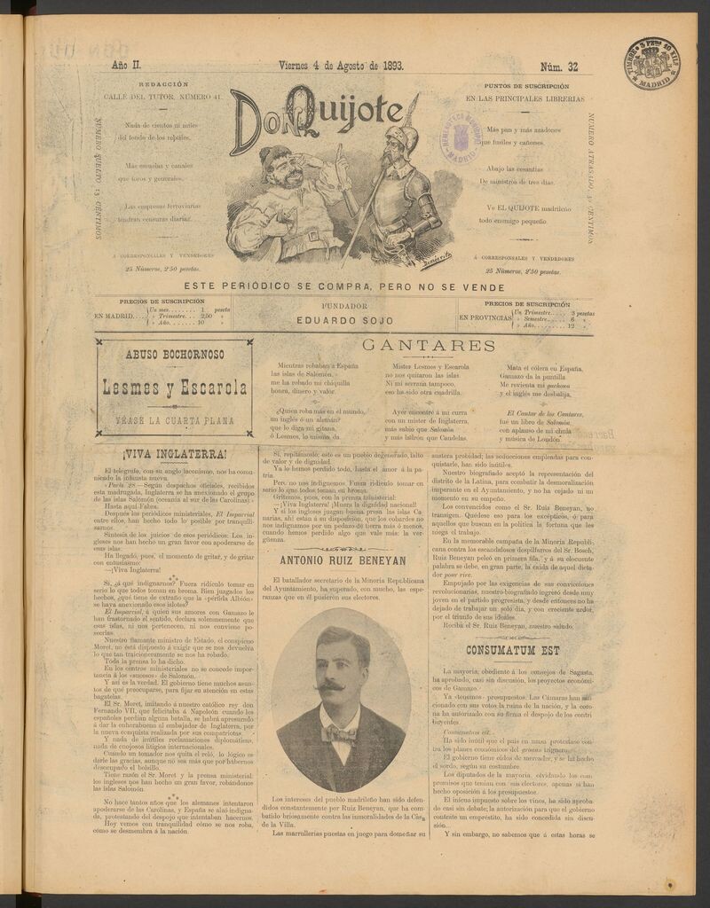 Miniatura de Don Quijote (Madrid) del 4 de agosto de 1893
