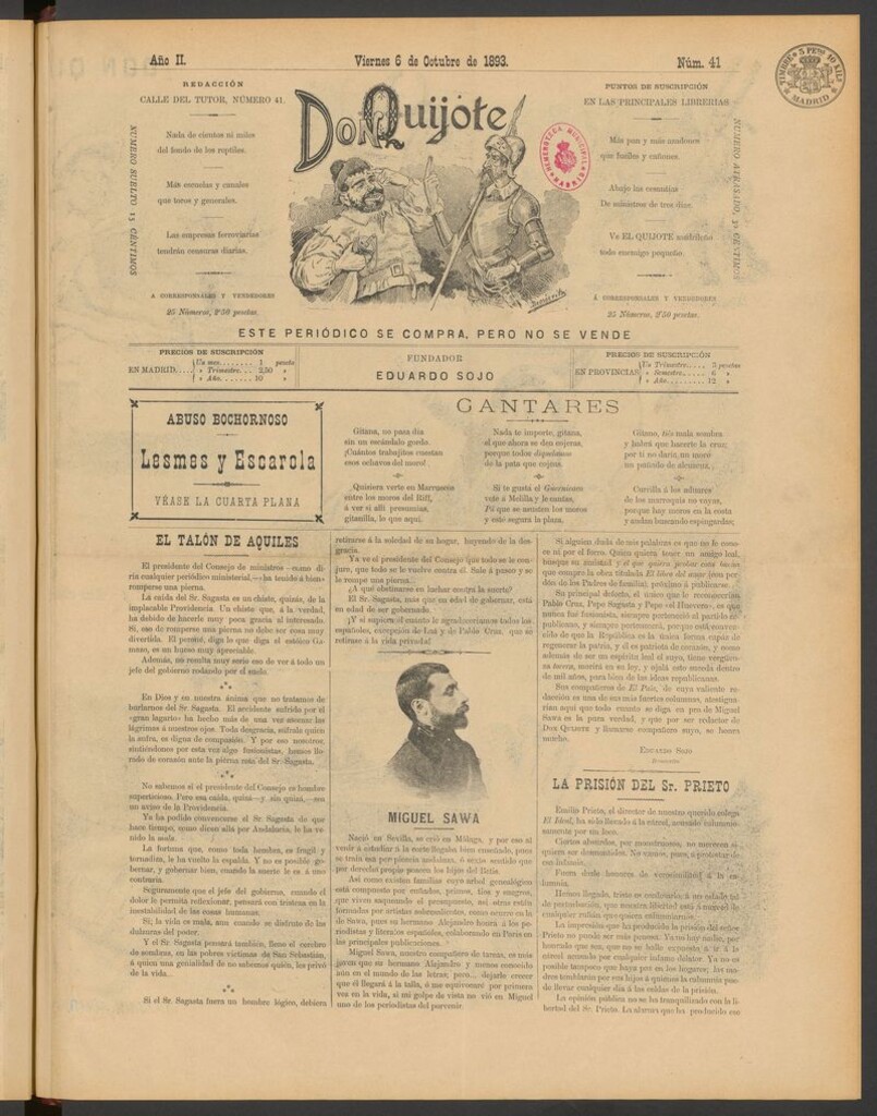 Miniatura de Don Quijote (Madrid) del 6 de octubre de 1893