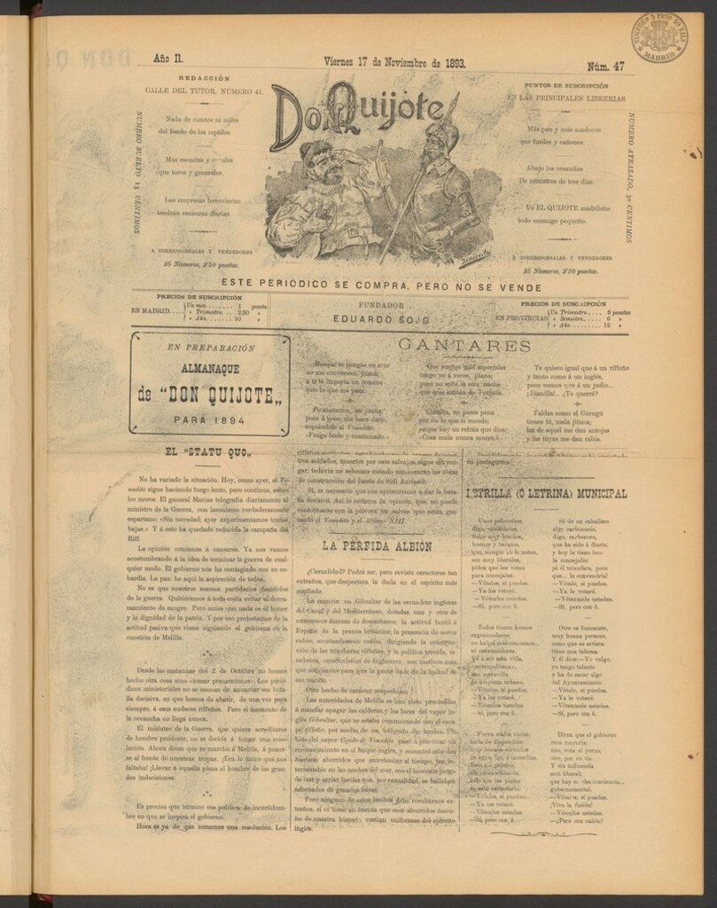 Miniatura de Don Quijote (Madrid) del 17 de noviembre de 1893