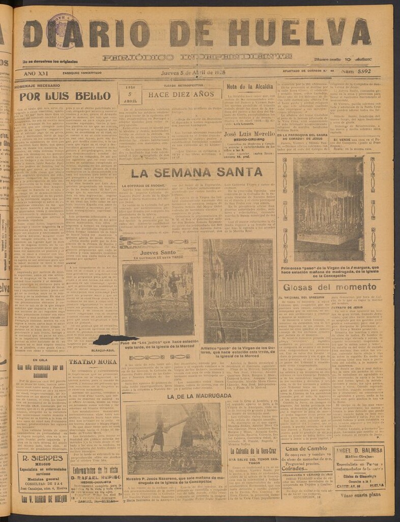 Miniatura de Diario de Huelva : periódico independiente del 5 de abril de 1928