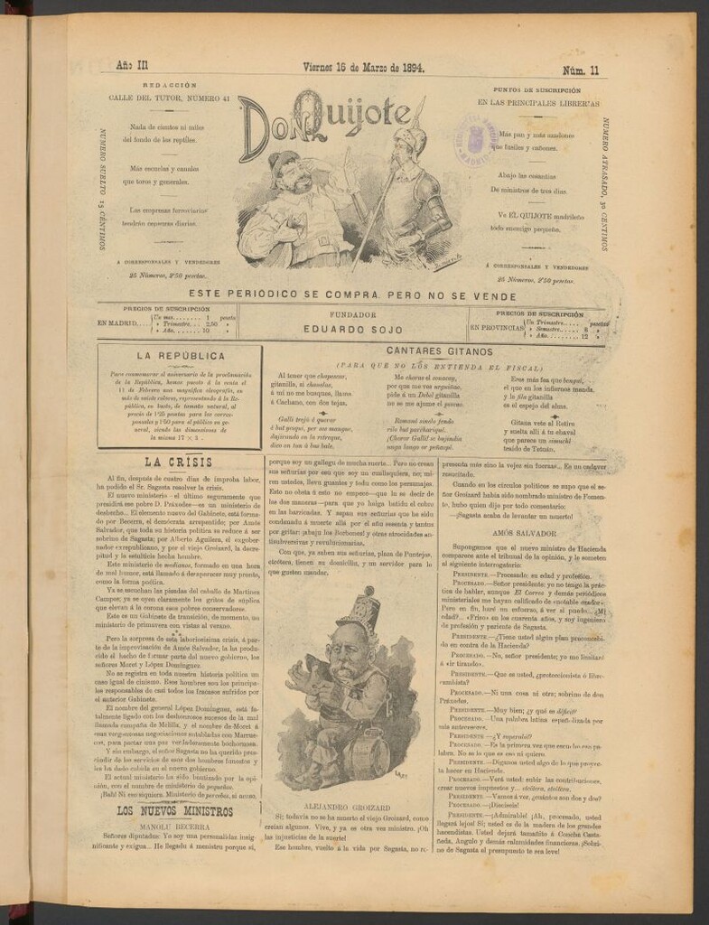 Miniatura de Don Quijote (Madrid) del 16 de marzo de 1894