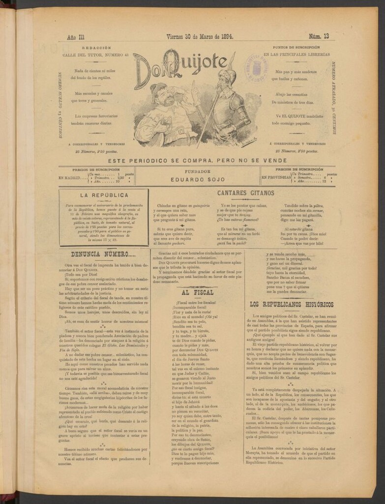 Miniatura de Don Quijote (Madrid) del 30 de marzo de 1894