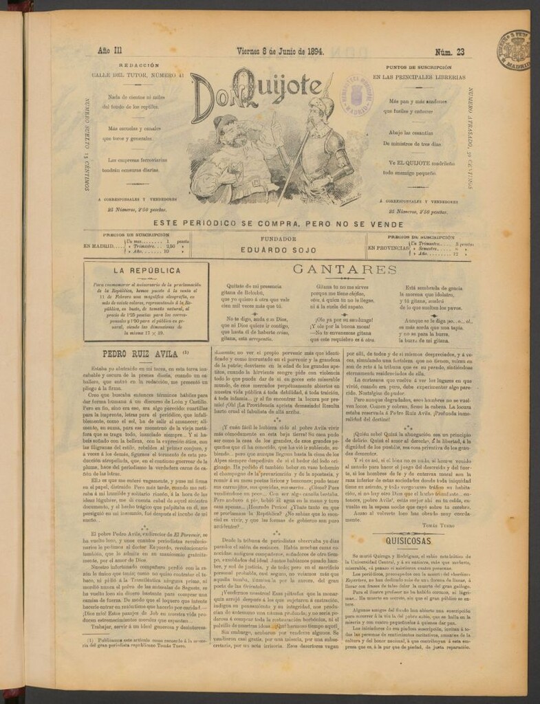 Miniatura de Don Quijote (Madrid) del 8 de junio de 1894