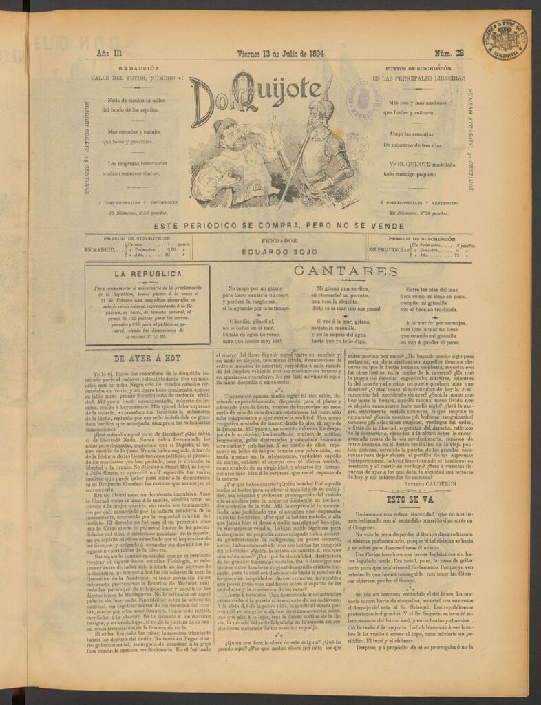 Miniatura de Don Quijote (Madrid) del 13 de julio de 1894