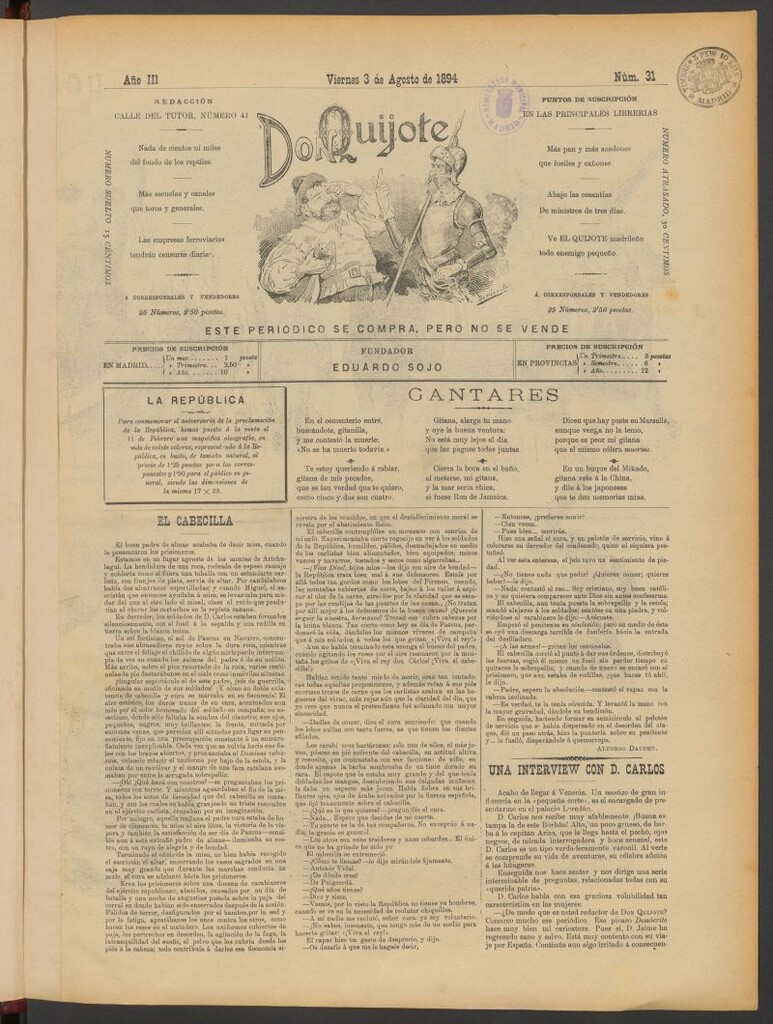 Miniatura de Don Quijote (Madrid) del 3 de agosto de 1894