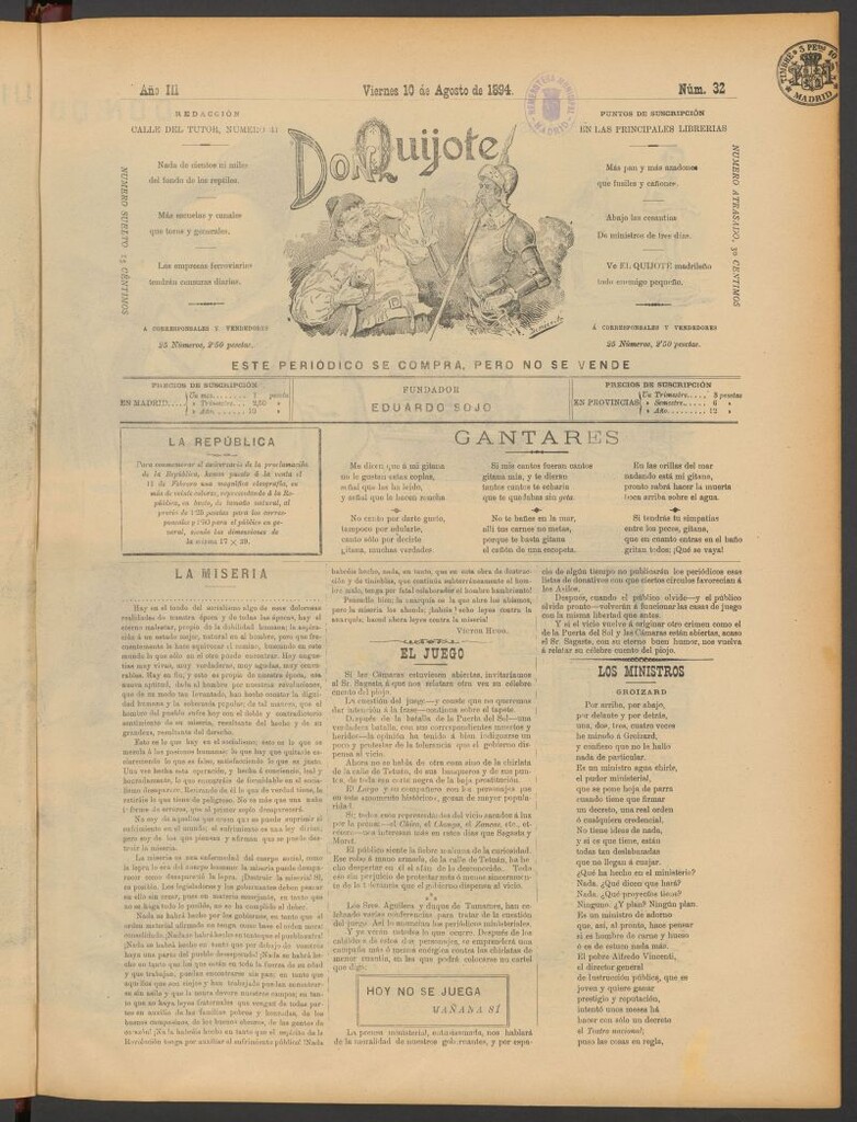 Miniatura de Don Quijote (Madrid) del 10 de agosto de 1894