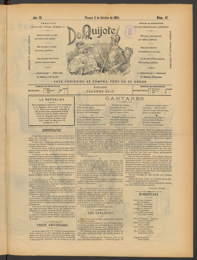Miniatura de Don Quijote (Madrid) del 5 de octubre de 1894