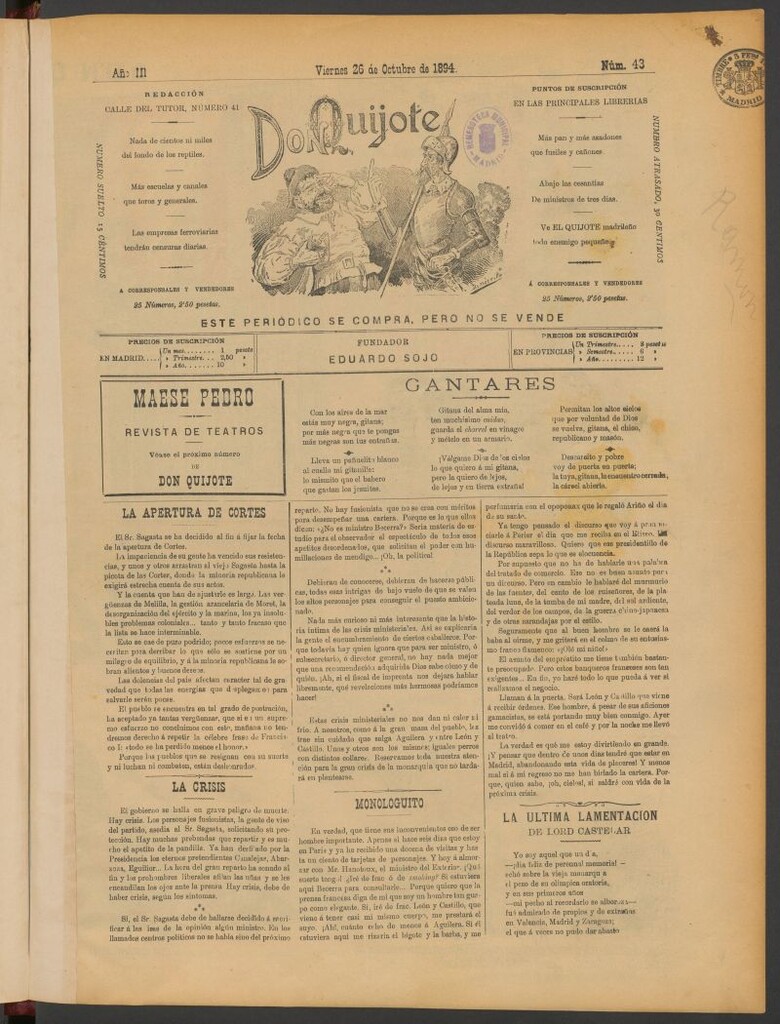 Miniatura de Don Quijote (Madrid) del 26 de octubre de 1894