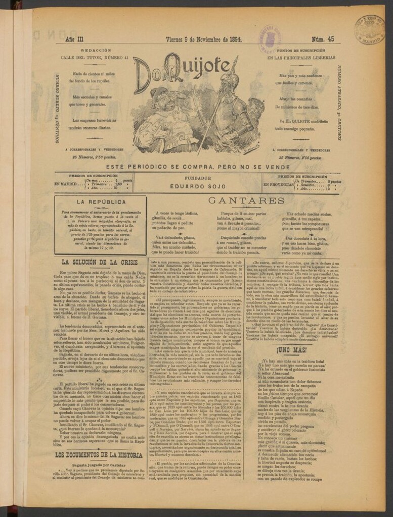 Miniatura de Don Quijote (Madrid) del 9 de noviembre de 1894