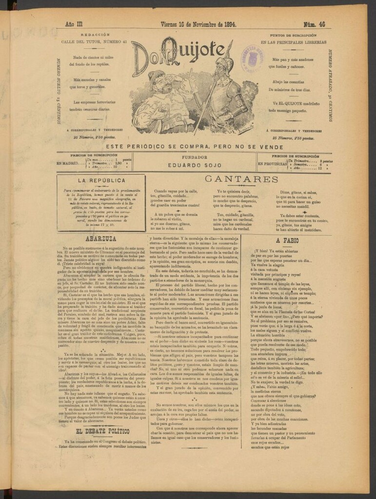 Miniatura de Don Quijote (Madrid) del 16 de noviembre de 1894
