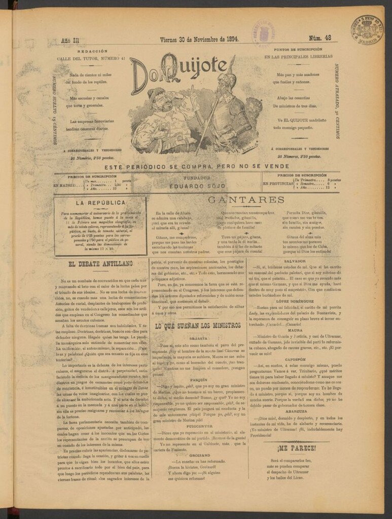 Miniatura de Don Quijote (Madrid) del 30 de noviembre de 1894