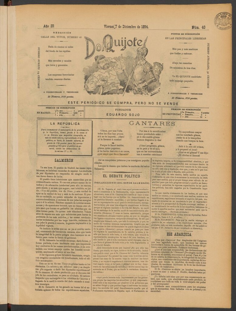 Miniatura de Don Quijote (Madrid) del 7 de diciembre de 1894