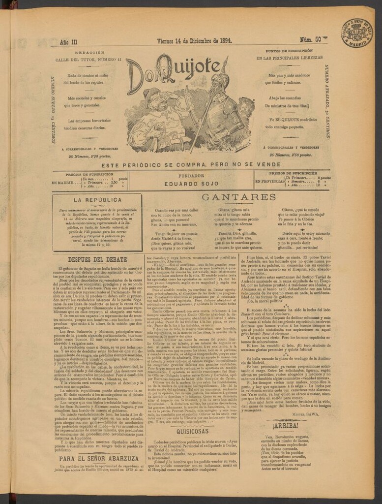 Miniatura de Don Quijote (Madrid) del 14 de diciembre de 1894