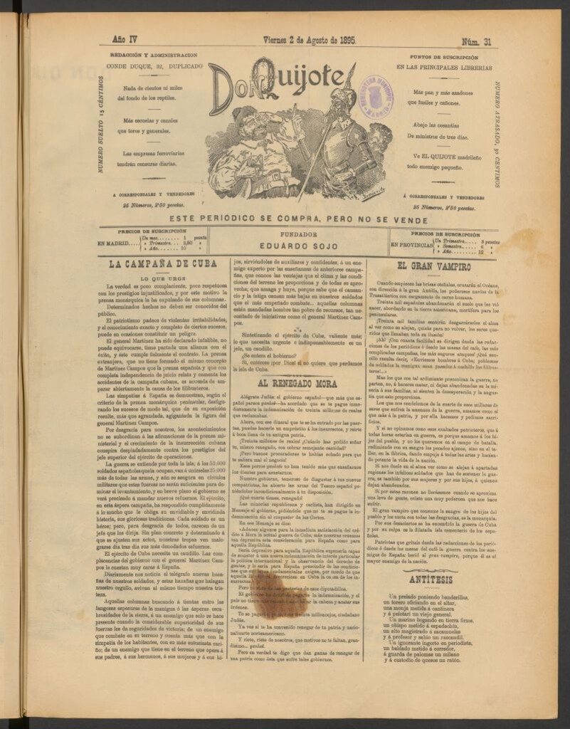 Miniatura de Don Quijote (Madrid) del 2 de agosto de 1895