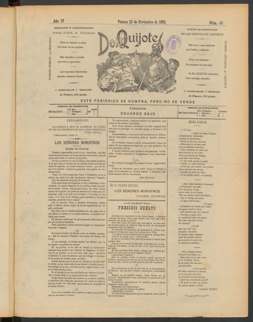 Miniatura de Don Quijote (Madrid) del 29 de noviembre de 1895