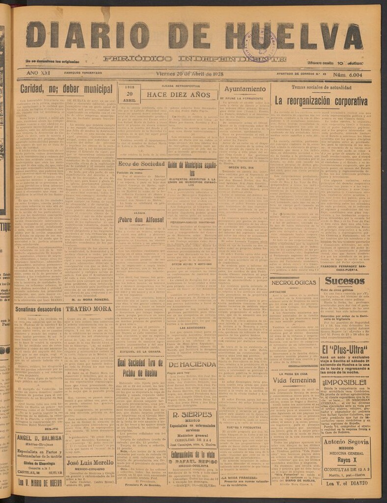 Miniatura de Diario de Huelva : periódico independiente del 20 de abril de 1928