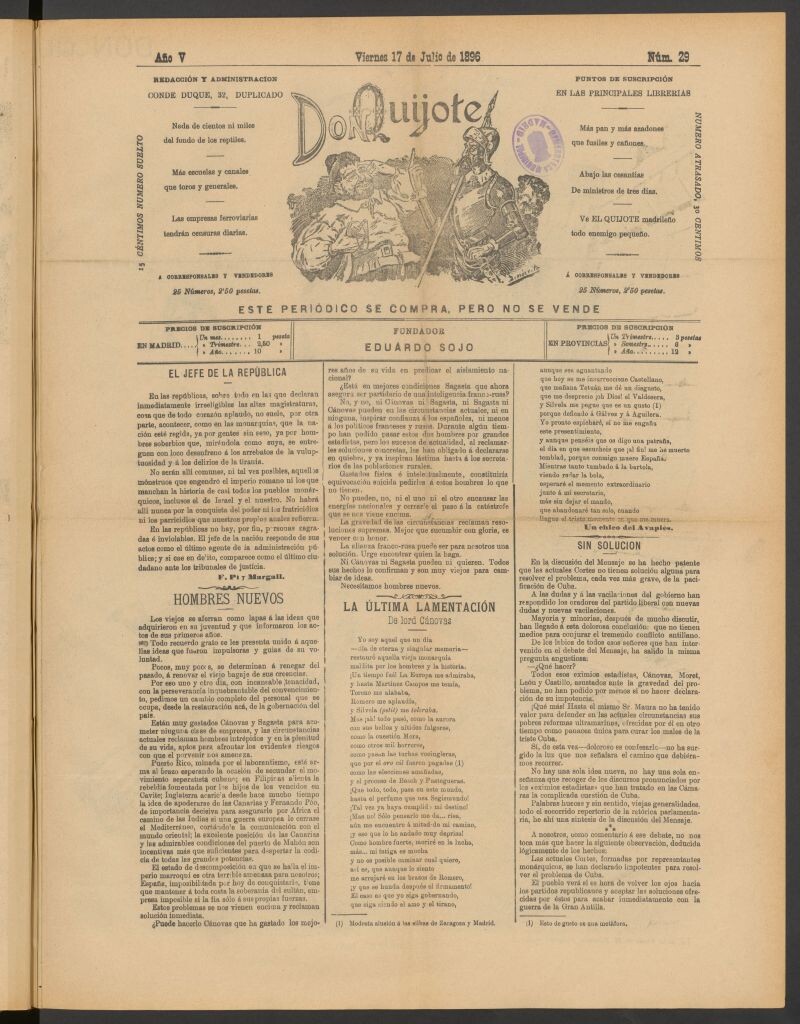 Miniatura de Don Quijote (Madrid) del 17 de julio de 1896