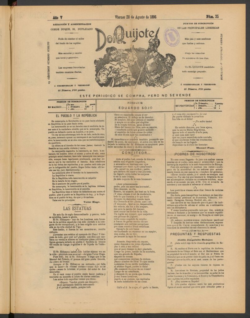Miniatura de Don Quijote (Madrid) del 28 de agosto de 1896