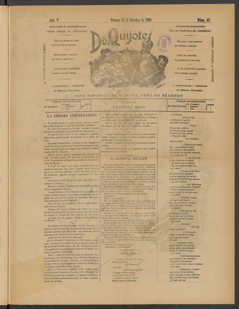 Miniatura de Don Quijote (Madrid) del 16 de octubre de 1896