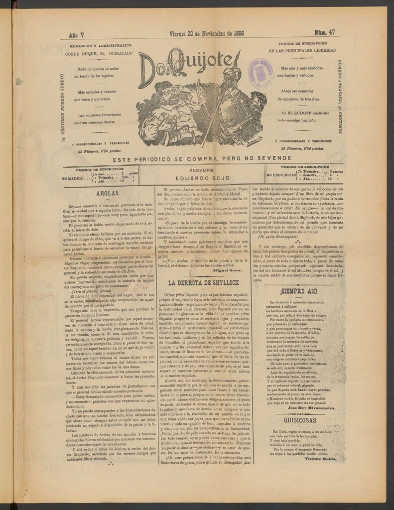 Miniatura de Don Quijote (Madrid) del 20 de noviembre de 1896