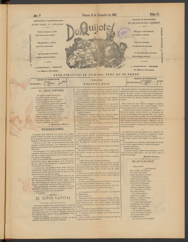 Miniatura de Don Quijote (Madrid) del 18 de diciembre de 1896