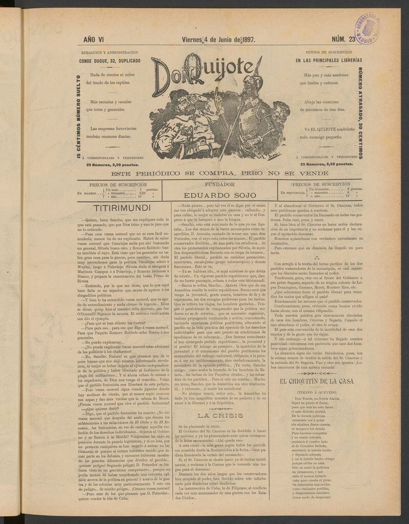 Miniatura de Don Quijote (Madrid) del 4 de junio de 1897