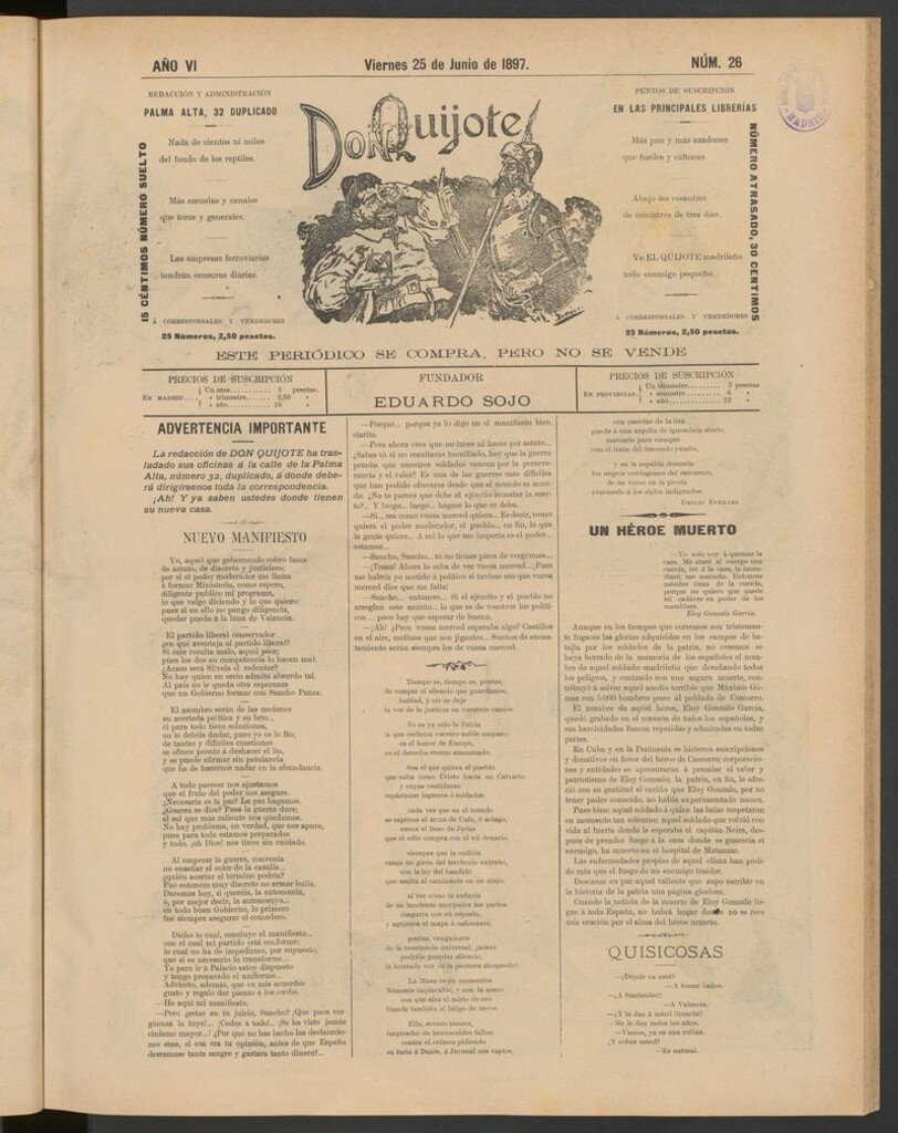 Miniatura de Don Quijote (Madrid) del 25 de junio de 1897
