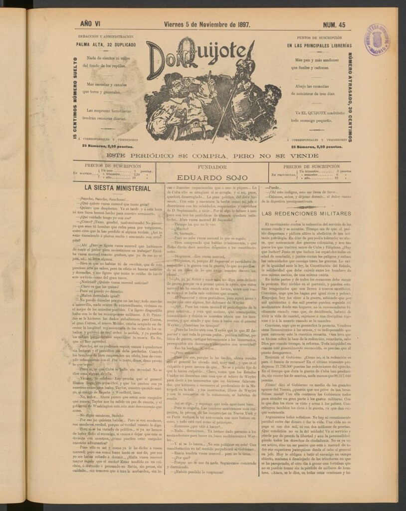 Miniatura de Don Quijote (Madrid) del 5 de noviembre de 1897
