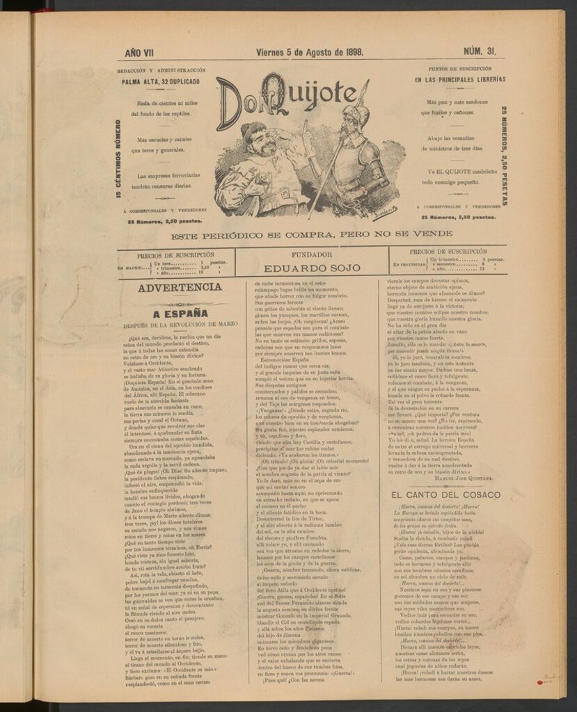 Miniatura de Don Quijote (Madrid) del 5 de agosto de 1898