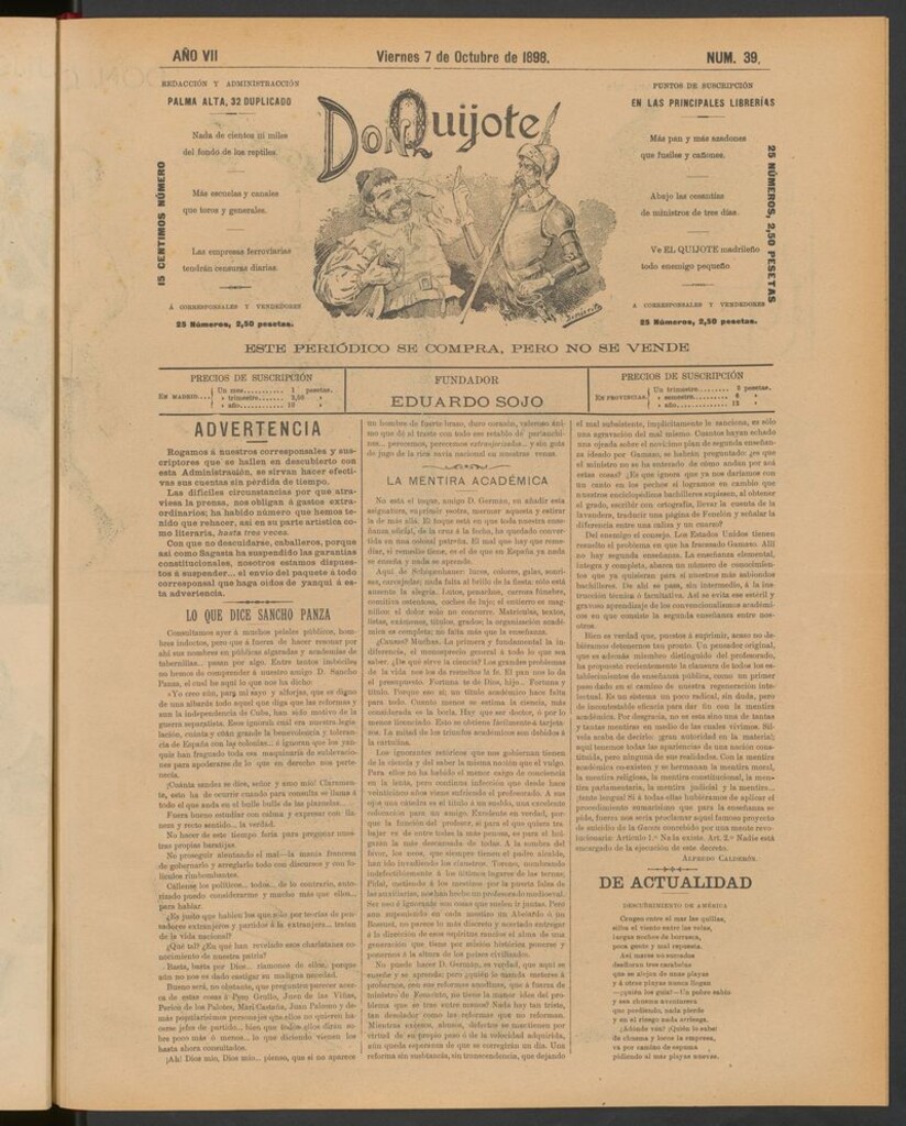 Miniatura de Don Quijote (Madrid) del 7 de octubre de 1898