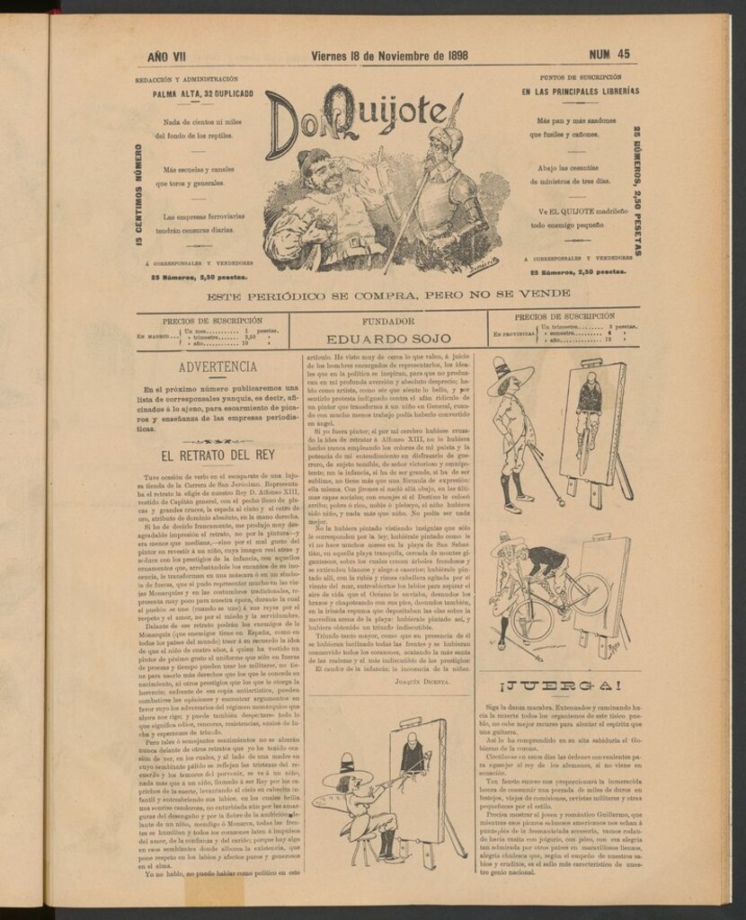 Miniatura de Don Quijote (Madrid) del 18 de noviembre de 1898