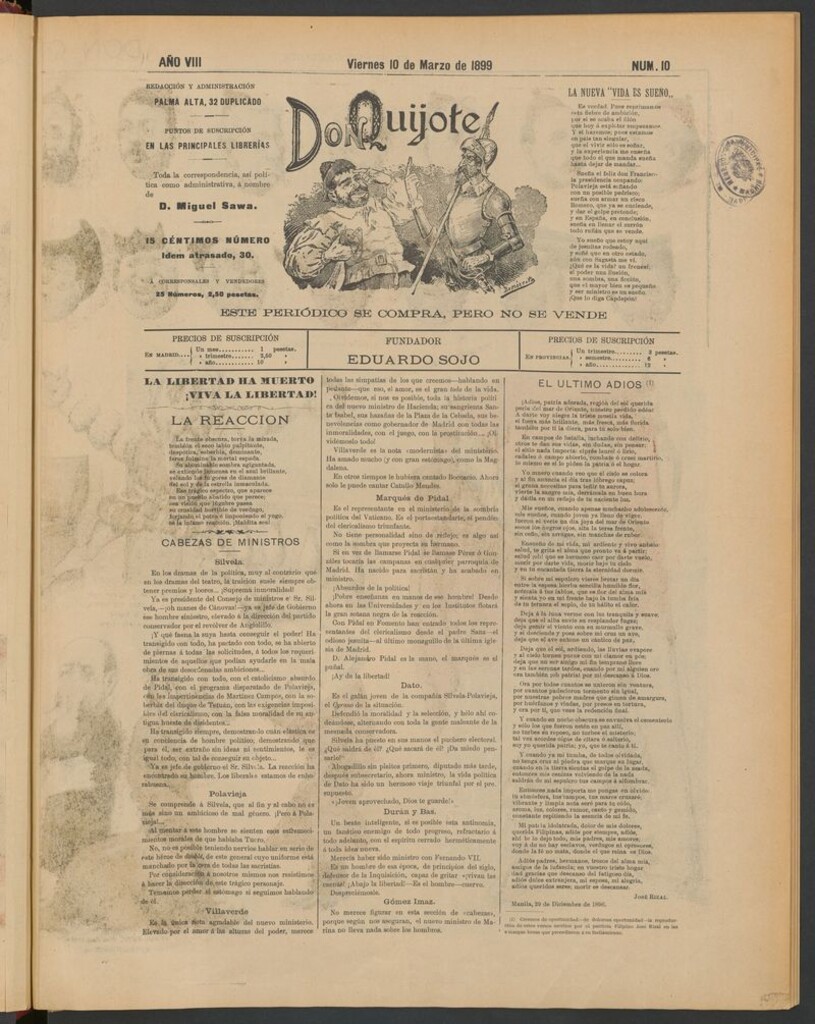 Miniatura de Don Quijote (Madrid) del 10 de marzo de 1899